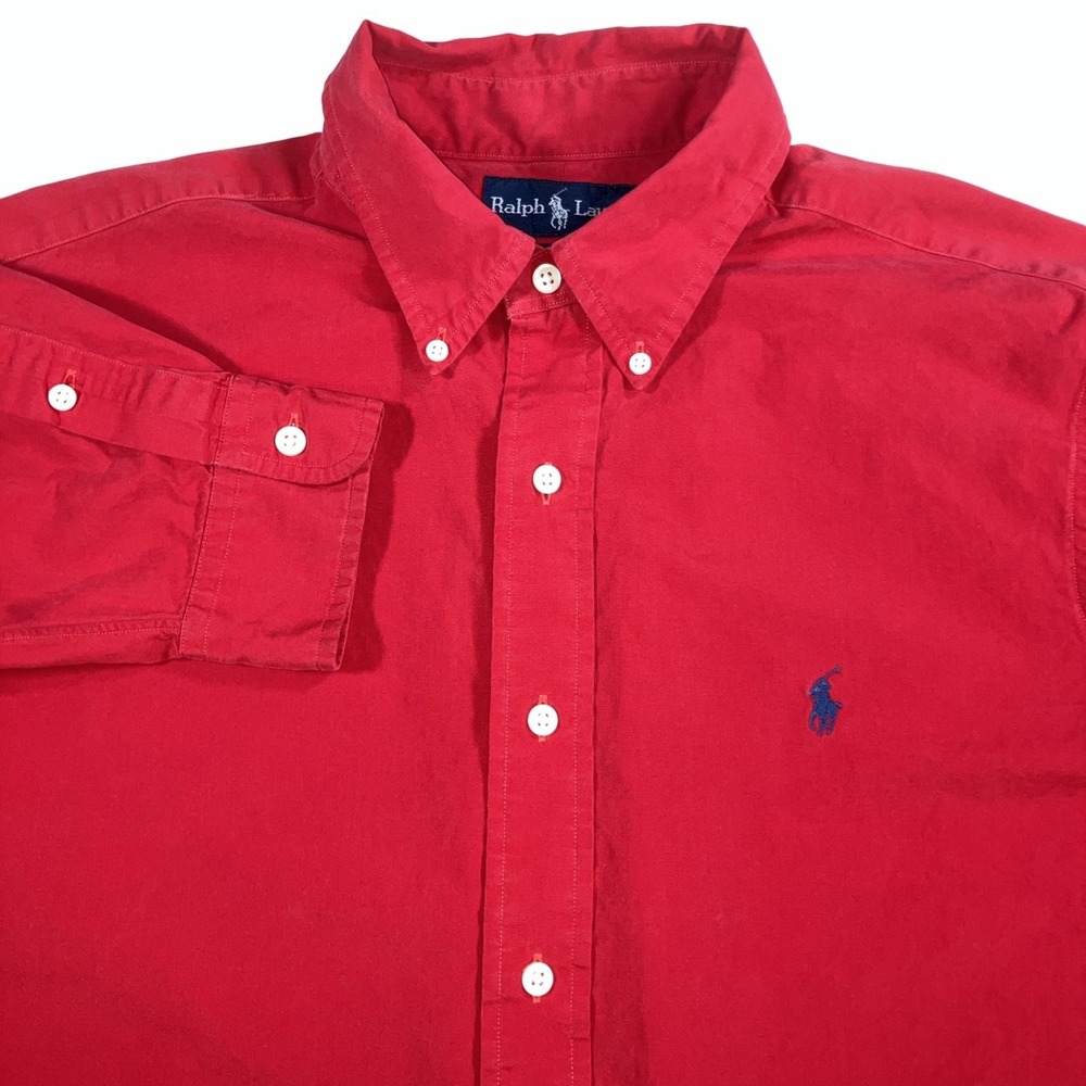 Polo Ralph Lauren Shirt Mens L Classic Fit Solid Red Button Down Blue Pony